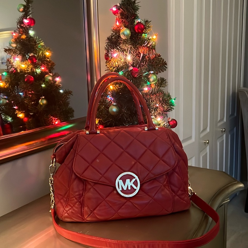 Red Leather Michael Kors Handbag with Gold Hardware